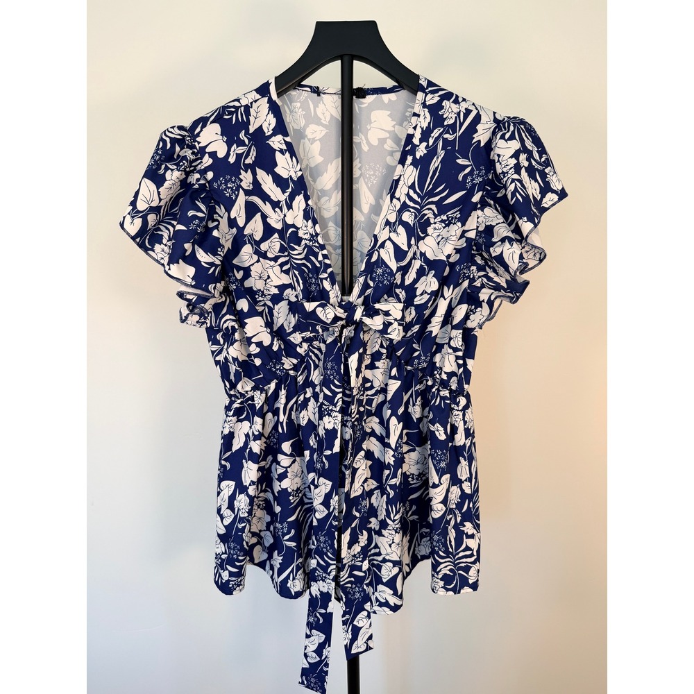 Floral Tie Front Flutter Sleeve Peplum Top Blue White V-Neck Blouse